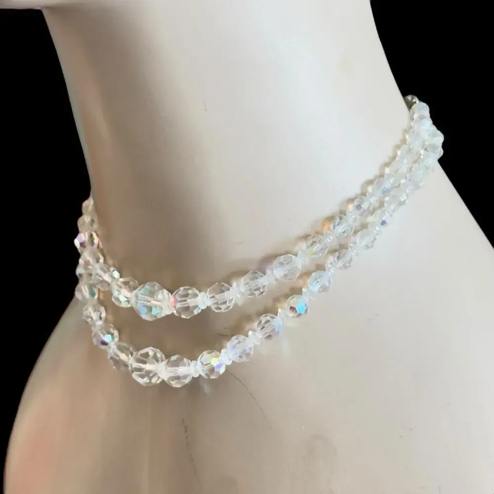 14” AB Crystal Czech Glass Double Strand Beaded Bib Necklace Vintage 1940’s